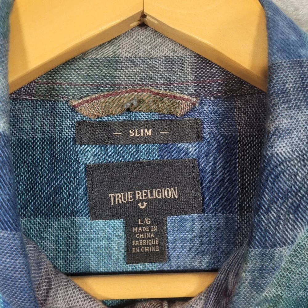 True Religion Western Shirt Mens Large Blue Plaid Slim Fit Bleashed MB011RN4